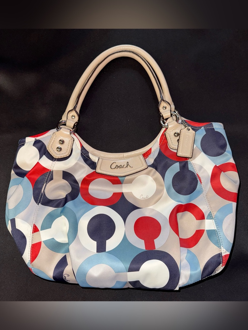 Coach Ashley Op Art Scarf Purse Tote Multicolor Red,White, & Blue